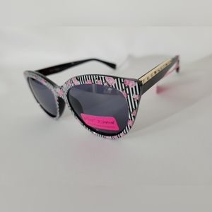 Betsey Johnson Cat Eye Black And Floral with Stripes Sunglasses New